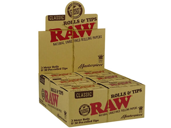 RAW - Rolls + Prerolled Tips Masterpiece - 12 Rollen je 3 Meter + 30 Filter Tips