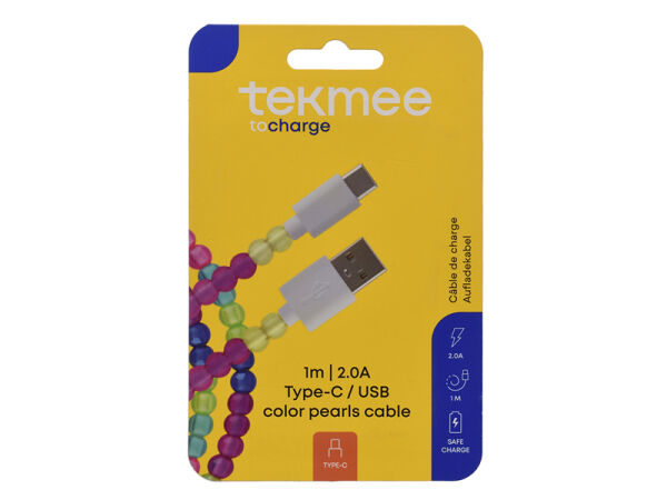 Tekmee Ladekabel USB-C auf Type-C, 2.0A; bunt, 1m; Perlenkabel
