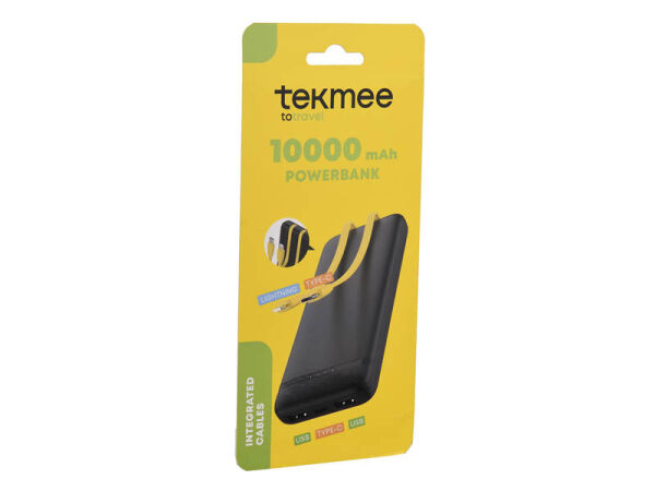 Tekmee 10000 mAh Powerbank, 2xUSB, Type-C, integrierte Kabeln