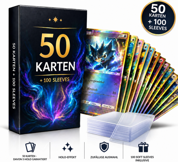Pokémon Karten Deutsch – 50 Karten davon garantiert 5 Holo + 100 Ultra Pro Soft Sleeves