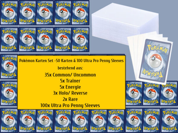 Pokémon Karten Set - 50 deutsche Karten & 100 Ultra Pro Penny Sleeves