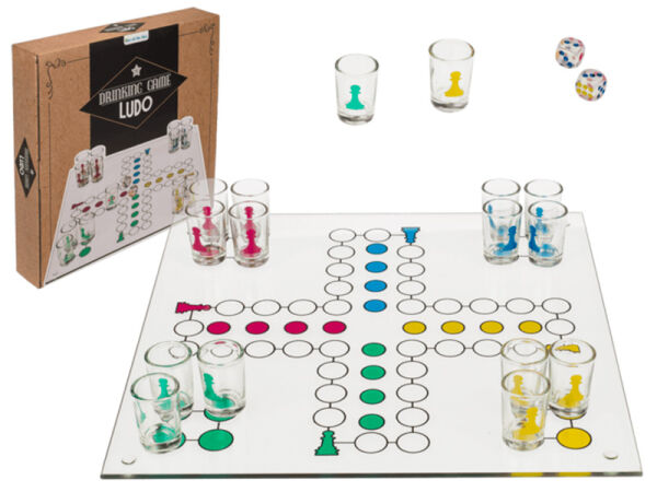 Glas Trinkspiel - Ludo - mit 16 Gläsern & 2 Würfeln