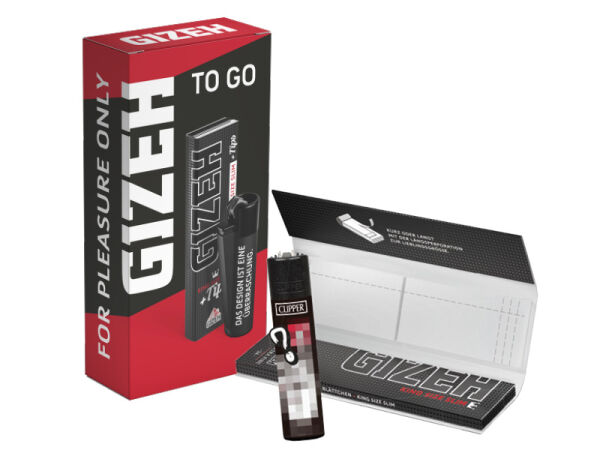 Gizeh Automatenpackung - 1 x Gizeh Black King Size Slim + Tips + 1x Clipper Feuerzeug (zufälliges Design)